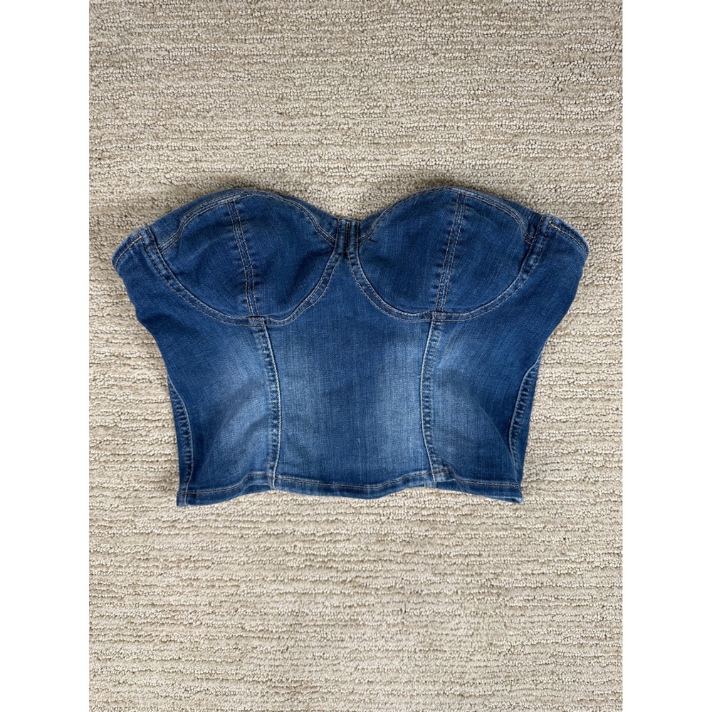 Guess Los Angeles Denim Corset Top Medium Wash Strapless Zipper Back W4HB03D3ED0